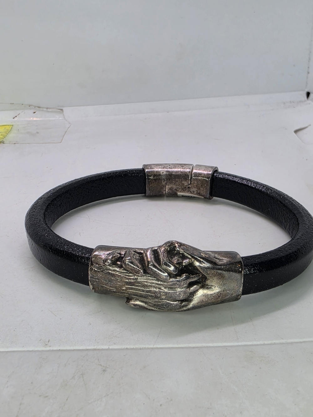 Hand & Paw Project Cat Dog Matellic Black Leather Bracelet Silver-plated pewter